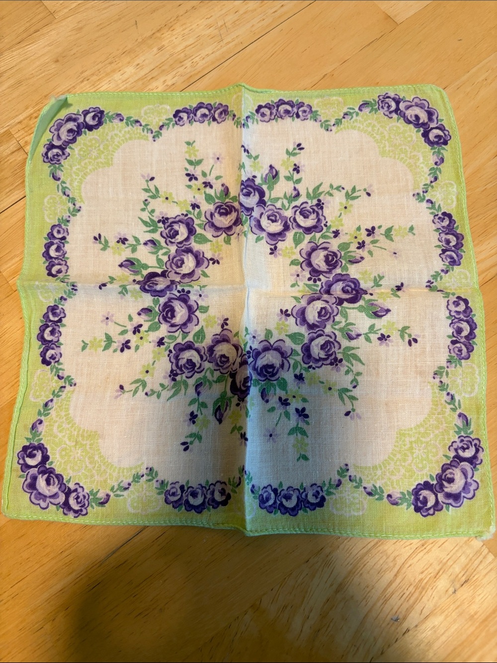 Vintage 1950s Printed Floral Handkerchief - Purple & Mint Green  Cabbage Roses,